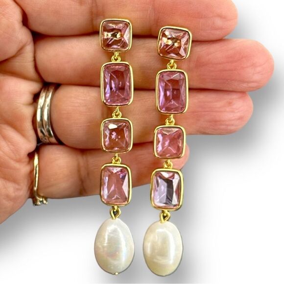 J. Crew Pink Crystal and Pearl Drop Earrings Gold Plated - Picture 2 of 8